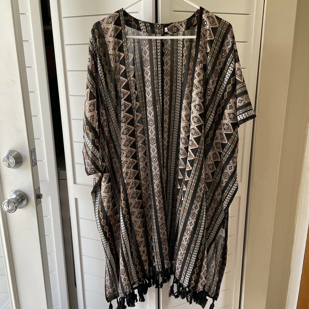 Beach Cover Up Open Front Caftan Style Black Southwest Print Black Tassels